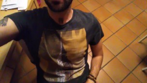 Hot guy jerks off and cums in front of a mirror