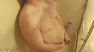 Horny daddy masturbating in the shower while home alone. Huge cum shot.