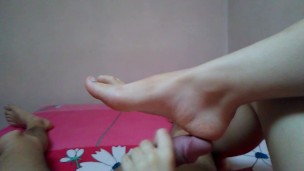 Handjob with dickhead rubbing on sole until cum hard on her heel