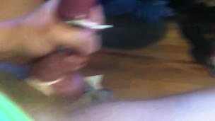 Straight guy stroking tied cock