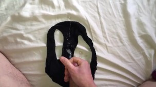 Jerk off my hard cock on my GF wet panties