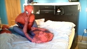 spiderman plays with his dummy spiderman