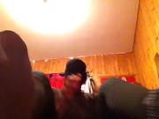 YOUNG GUY TEASE HIS FEET AND LEGS WEARING GREY PANTYHOSE AND SPANDEX LEGGIN