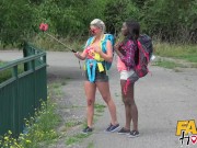 Fake Hostel Busty ebony and blonde girls squirt deep throat rimming