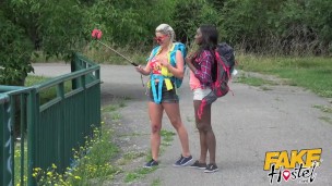 Fake Hostel Busty ebony and blonde girls squirt deep throat rimming