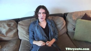 Auditioning tranny tugging her hard cock