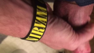 Playing with a cock ring and veiny cock