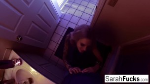 Pornstar Sarah Jessie gives a BJ in the bathroom