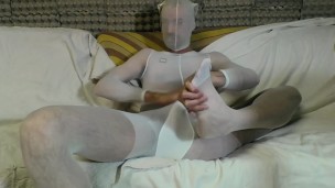 YOUNG GUY IN WHITE BODYSTOCKING AND PANTYHOSE MASK