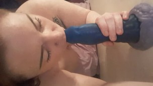 Sucking a bad dragon dildo