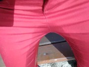 Pee on my new red jeans outdoor