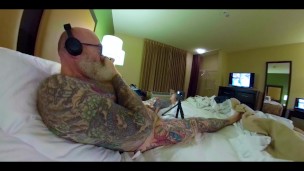 Inked Daddy Bear Hotel Bate with Doxy Massage Wand - Inked Pierced Cock