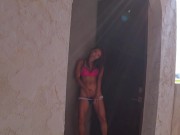 Asian tourist skates around beach flashing then orgasms on public stairs!! 13/16