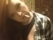 Sexy redhead smoking with tits out fetish play 13/16