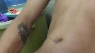 Cute Blonde guy cums in Bathroom