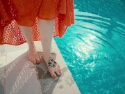 Ginger Girl in Long Red Dress Gets Hairy Pussy Creampie in Swimming Pool 6/16