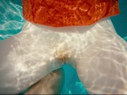 Ginger Girl in Long Red Dress Gets Hairy Pussy Creampie in Swimming Pool 9/16