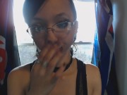 Beautiful Girl in Glasses Applies Lip Gloss and Tongue Teases Glass Dildo 7/16