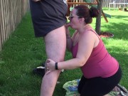 Wife Sucks Cock in the Backyard and Gets Huge Facial 14/16