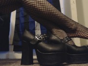 Goth Girl Shows Off New Black Platform Heels and Fishnet Stocking Feet