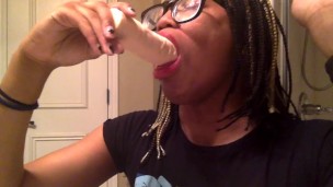 Tranny gags on 9 Inch dildo