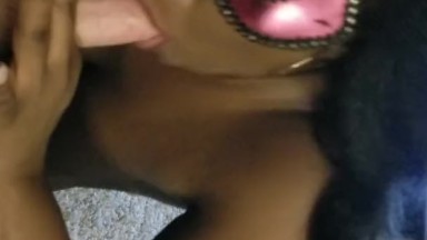 Ebony hotwife wears masquerade mask as she deep throats lucky white guy