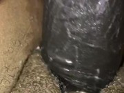 Ebony Creamy her hairy pussy with big dildo