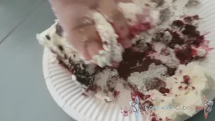 Smushing cake with my feet and between my boobs.