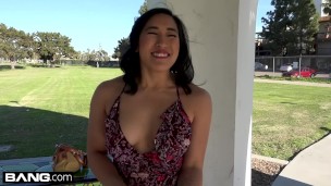 Mia Li shows off her bushy pussy in some outdoor upskirt fun