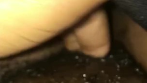 Ebony With Hand in Panties Creaming Her Hairy Pussy