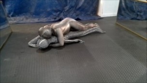 crocodile zentai struggles against snake zentai