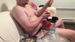 Stuffing & Watching Anime. Chubby Guy, Big Belly Meal! Eating Too Much Hehe