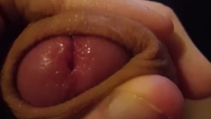 Teasing big uncut dick glans with precum play
