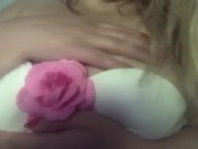 Curvy blonde in bra and pink thong striptease 1/16