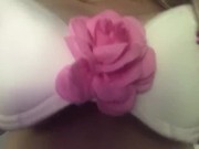 Curvy blonde in bra and pink thong striptease 3/16