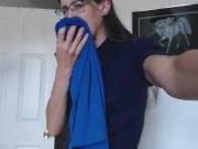 Sexy wife in turtleneck and glasses sucking cock and taking massive facial 16/16