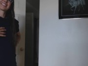 Sexy wife in turtleneck and glasses sucking cock and taking massive facial 2/16