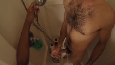 I wash him, then he washes me (Shower Go-Pro) w/cum