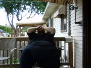 Fat men sitting outside happy 12/16