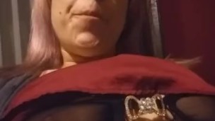 Girl in Glasses Playing with Big Boobs while Blowing Smoke