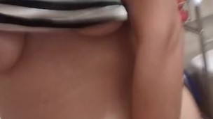 Horny Blonde rubs wet pussy off in bathroom