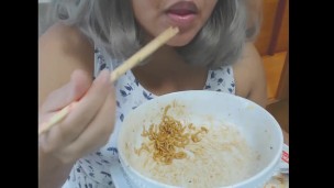 Cute feedee eats noodles for her feeder
