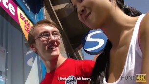 HUNT4K. Slim brunette fucked by guy in front of her nerdy cuckold