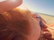 Cum on my Nose & Sun Glasses! Risky Amateur Redhead Public Beach Quick BJ 11/16