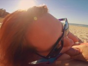 Cum on my Nose & Sun Glasses! Risky Amateur Redhead Public Beach Quick BJ 9/16