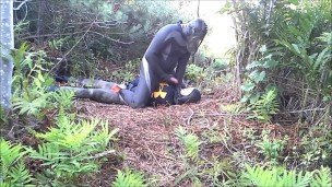 outdoors frogman in cleats attacks dummy