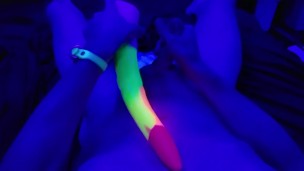 Fucking myself with a Rainbow UV reactive gigantic 15" Buck Dildo