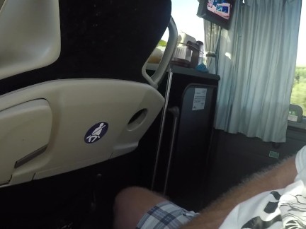 The naked blonde masturbates in a public bus.