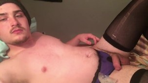 Femboy Cums 3 Times! Panties Wedgie Stockings CEI, Drinking Cum! Big Ass