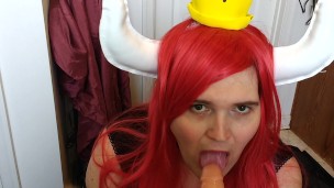 cock hungry Bowsette blowing a dildo cosplay